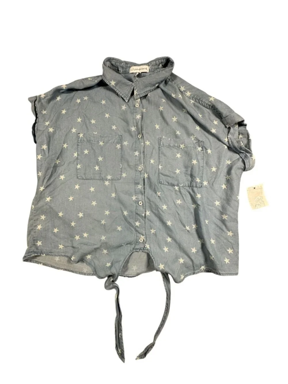 Autumn & Skye Star Print Button-Down Tie-Front Blue Shirt Womens XL Lyocell NWT - Picture 2 of 7